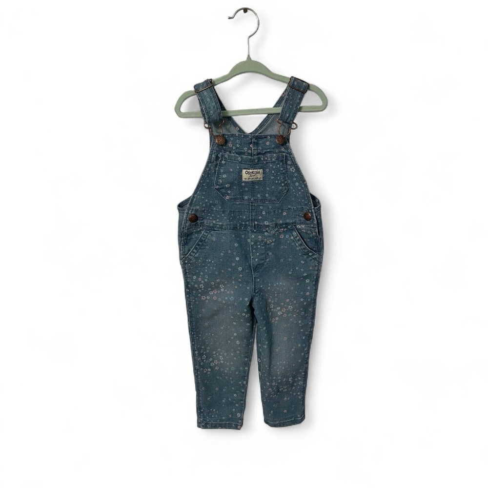Oshkosh B’gosh Blue Denim Overalls Vestbak 2T Flower Design